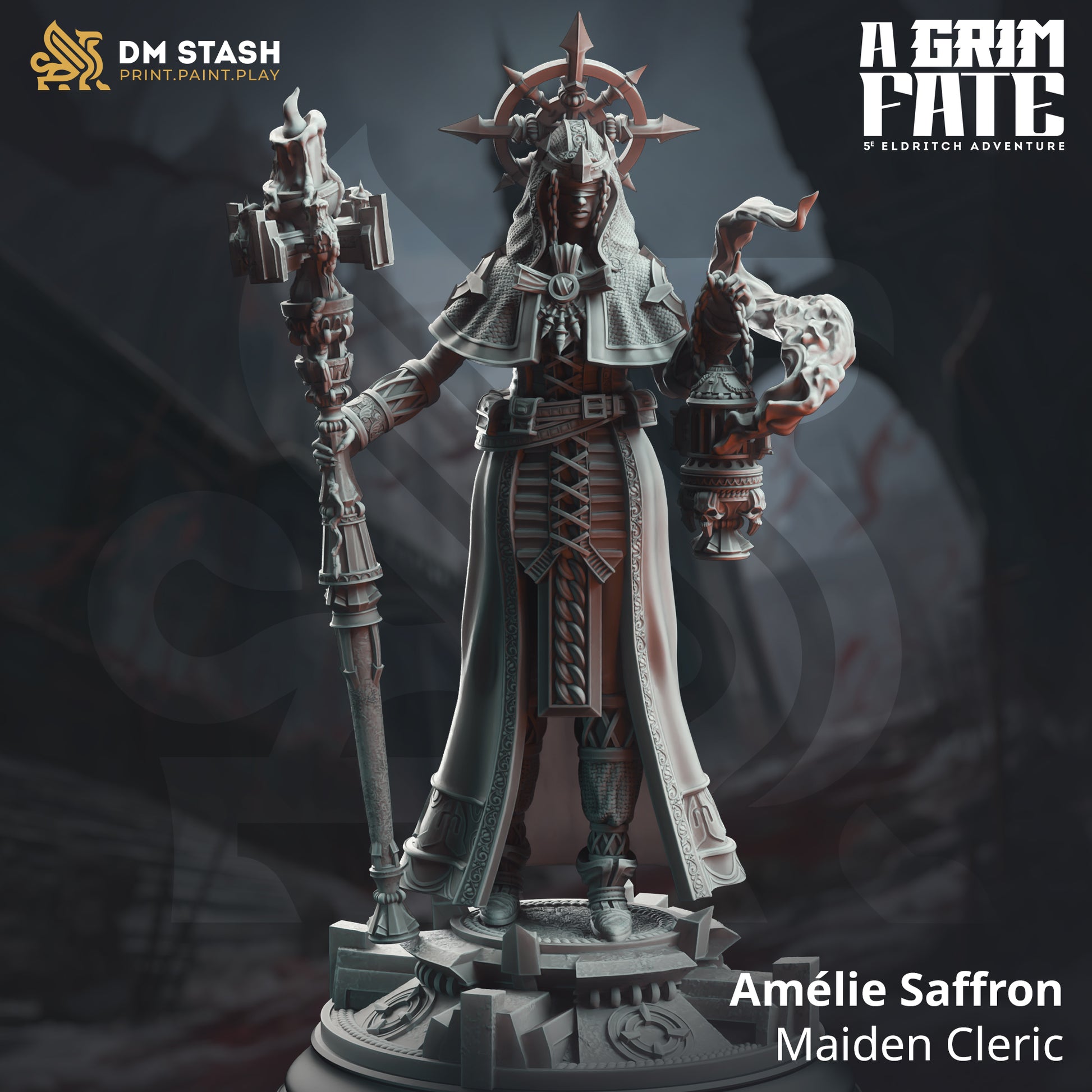 Amelie Saffron  | DM Stash | A Grim Fate | Fantasy | DnD | RPG | Tabletop | Gaming | Miniatures | Maiden Cleric | Character Model