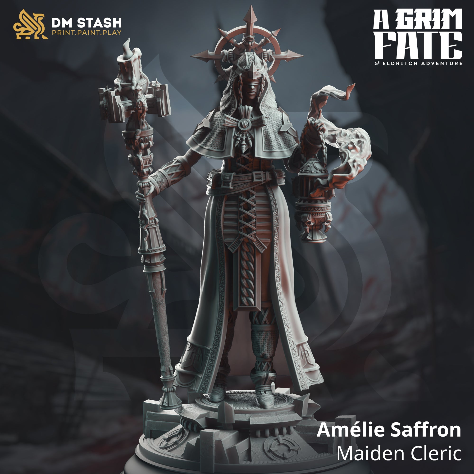 Amelie Saffron  | DM Stash | A Grim Fate | Fantasy | DnD | RPG | Tabletop | Gaming | Miniatures | Maiden Cleric | Character Model