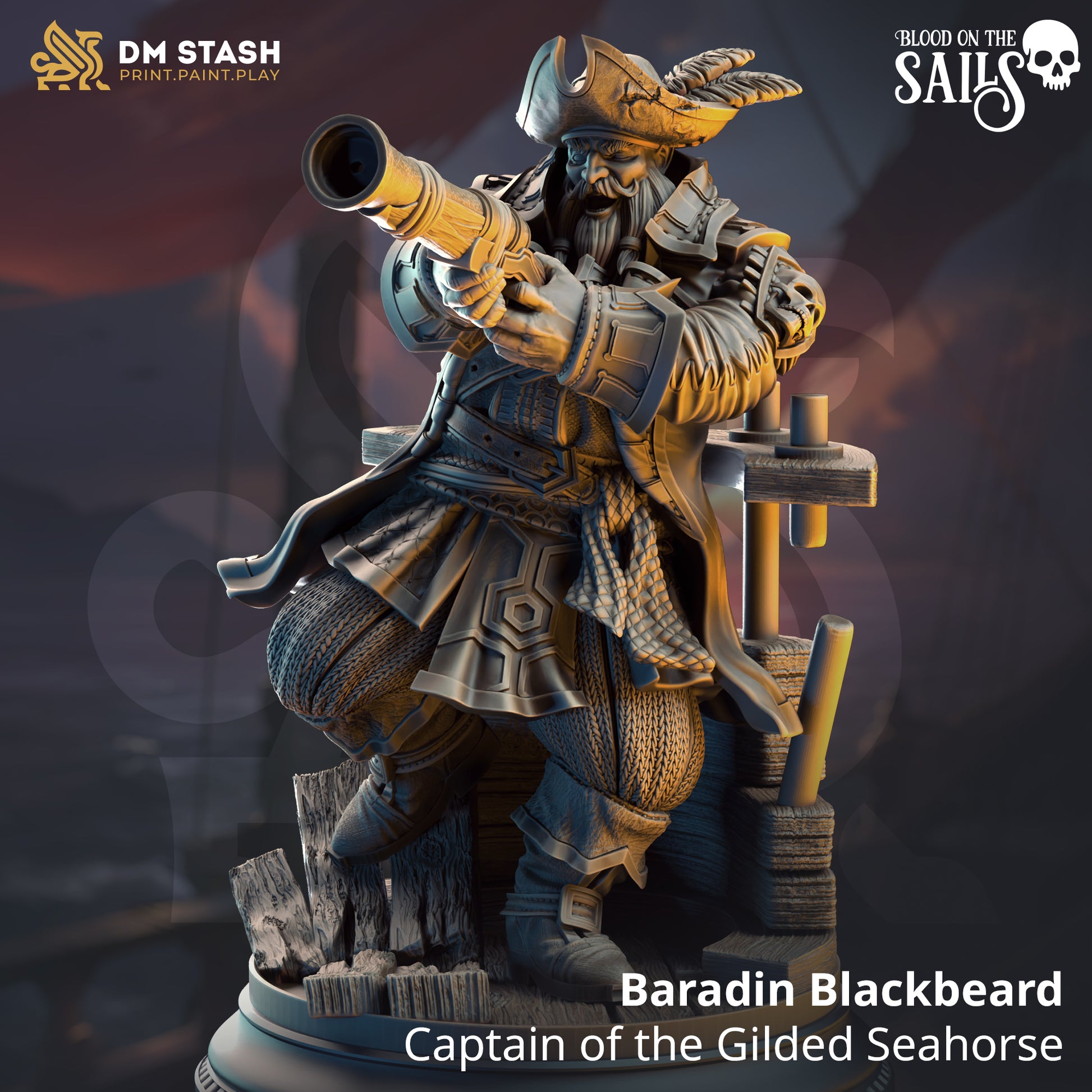 Baradin Blackbeard - Captain of the Gilded Seahorse | DM Stash | Blood on the Sails | Fantasy | DnD | RPG | Tabletop | Gaming | Miniatures | Dukes Executioner | Character Model