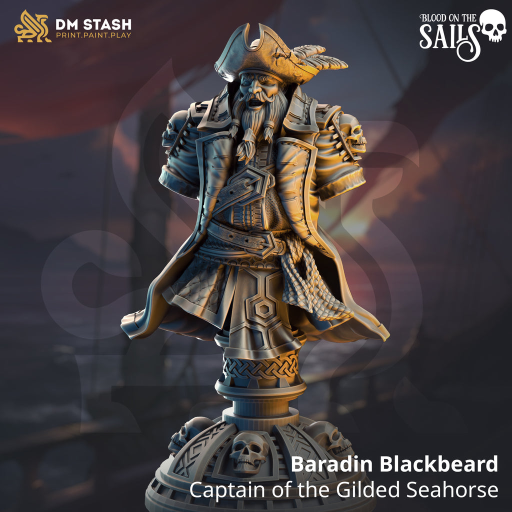 Baradin Blackbeard - Captain of the Gilded Seahorse | DM Stash | Blood on the Sails | Fantasy | DnD | RPG | Tabletop | Gaming | Miniatures | Dukes Executioner | Character Model
