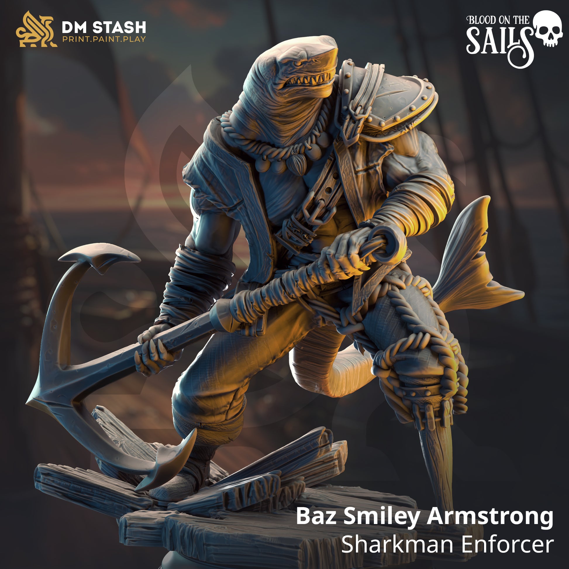Baz Smiley Armstrong - Sharkman Enforcer | DM Stash | Blood on the Sails | Fantasy | DnD | RPG | Tabletop | Gaming | Miniatures | Dukes Executioner | Character Model
