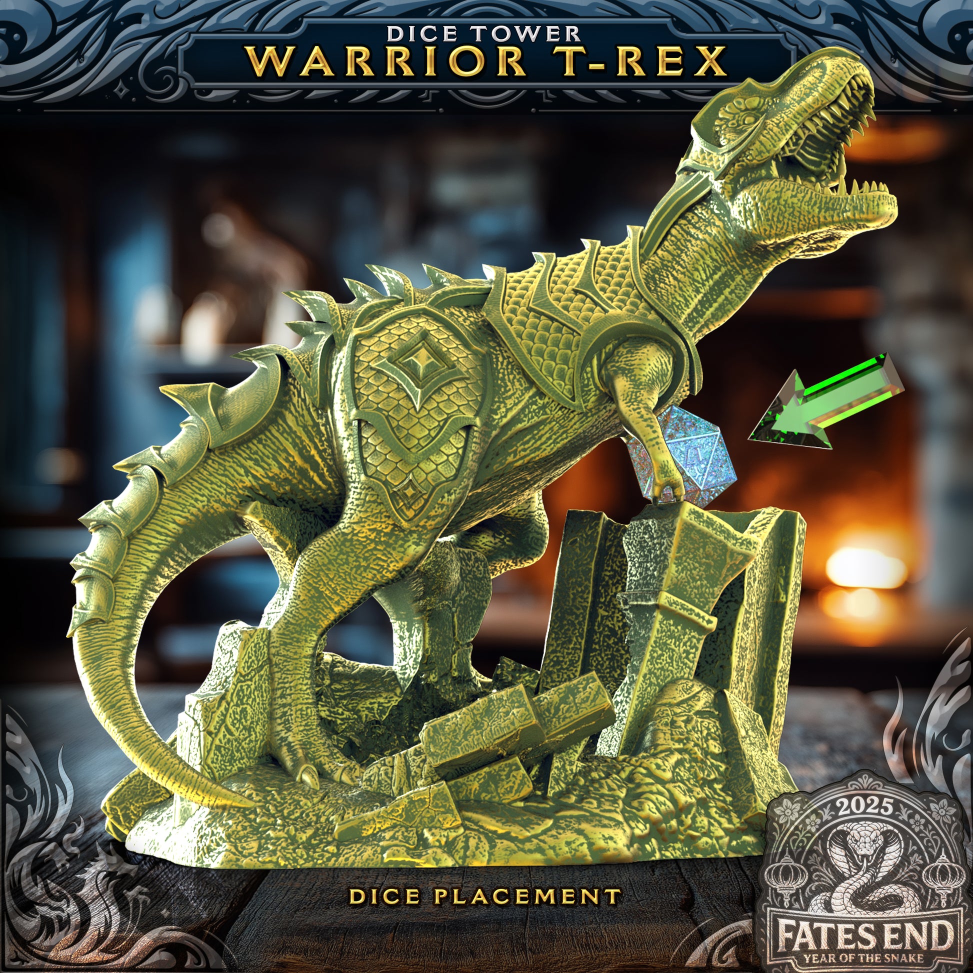 Warrior T-Rex Dice Tower | Fates End | Fantasy Tabletop RPGs | Roleplay Gaming Miniatures | Tyrannosaurus Dice Roller