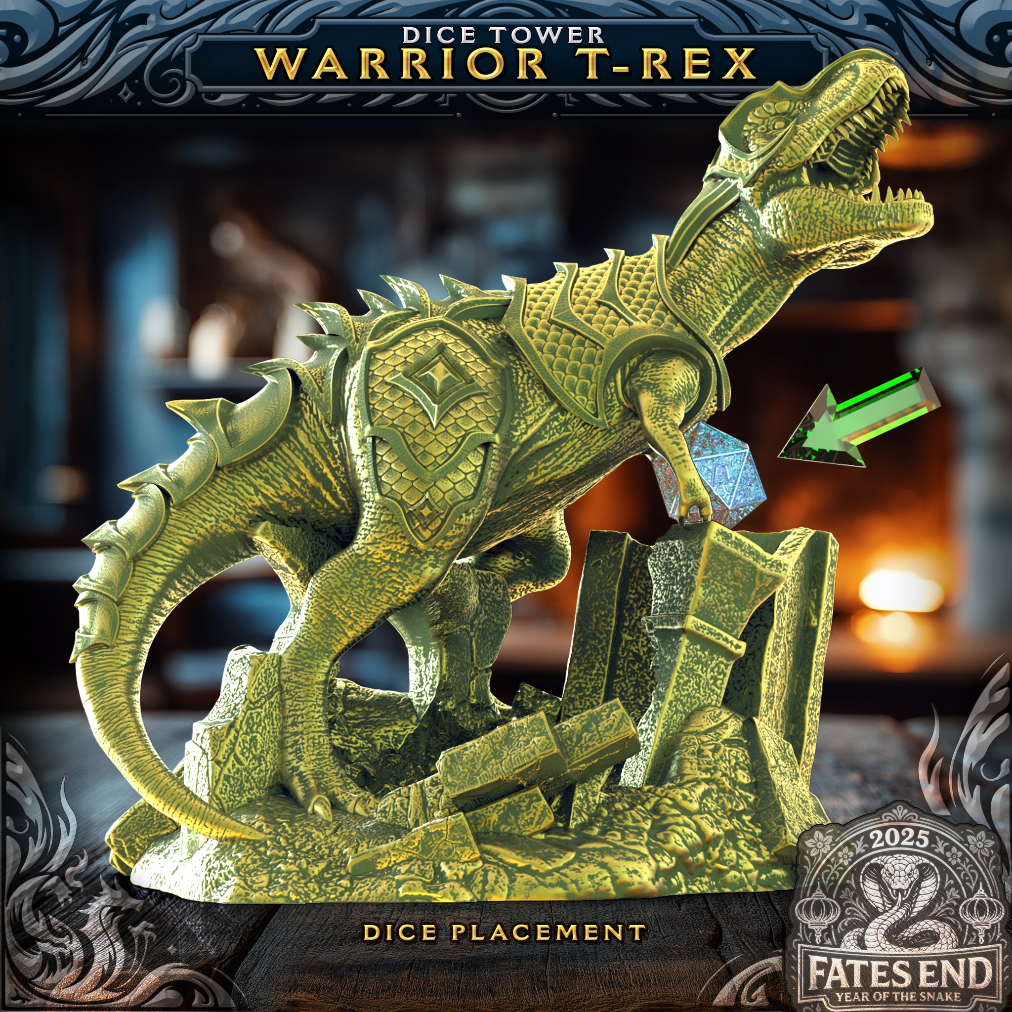 Warrior T-Rex Dice Tower | Fates End | Fantasy Tabletop RPGs | Roleplay Gaming Miniatures | Tyrannosaurus Dice Roller