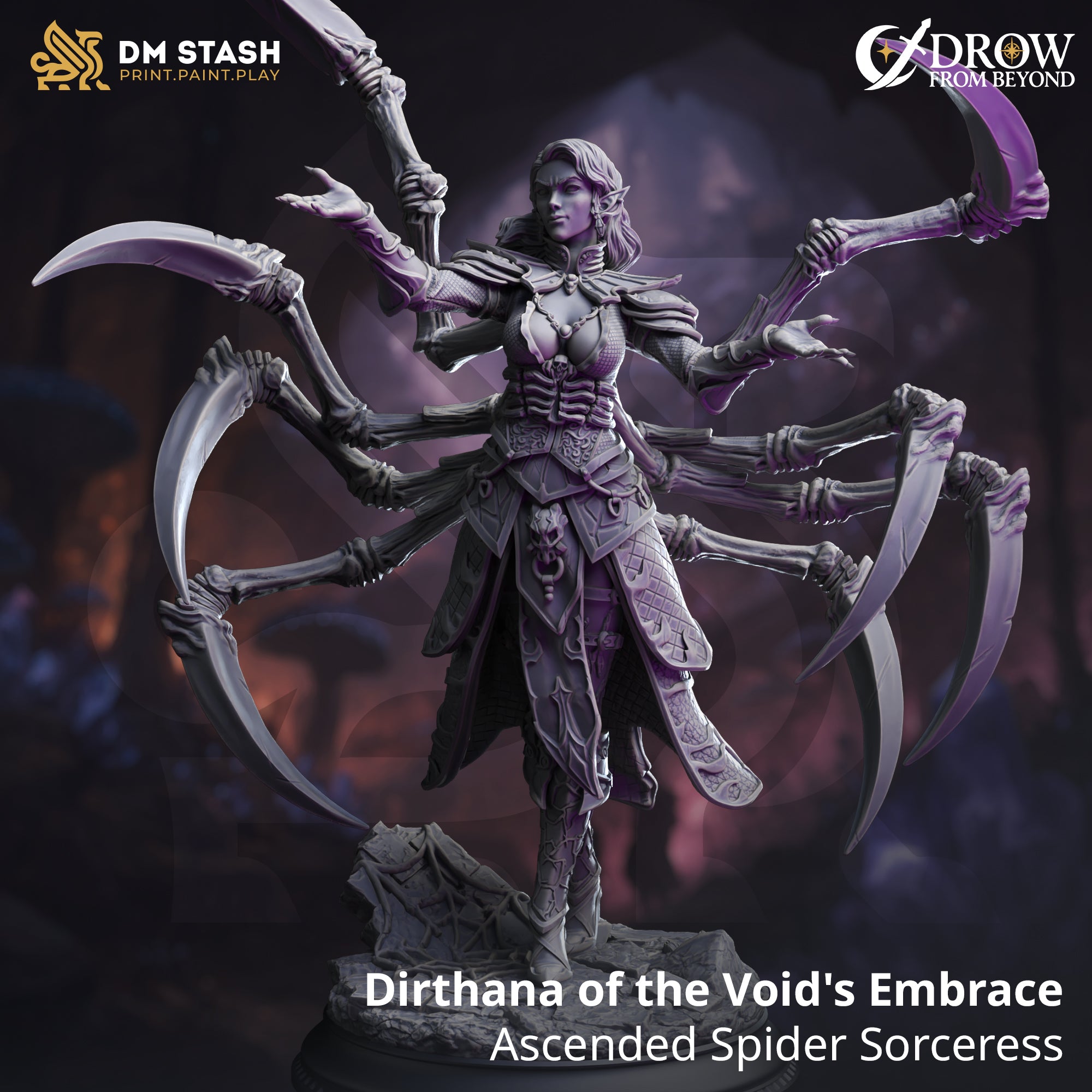 Dirthana of the Void's Embrace - Ascended Spider Sorceress | DM Stash | Drow from Beyond | Fantasy | DnD | RPG | Tabletop | Gaming | Miniatures | Character Model