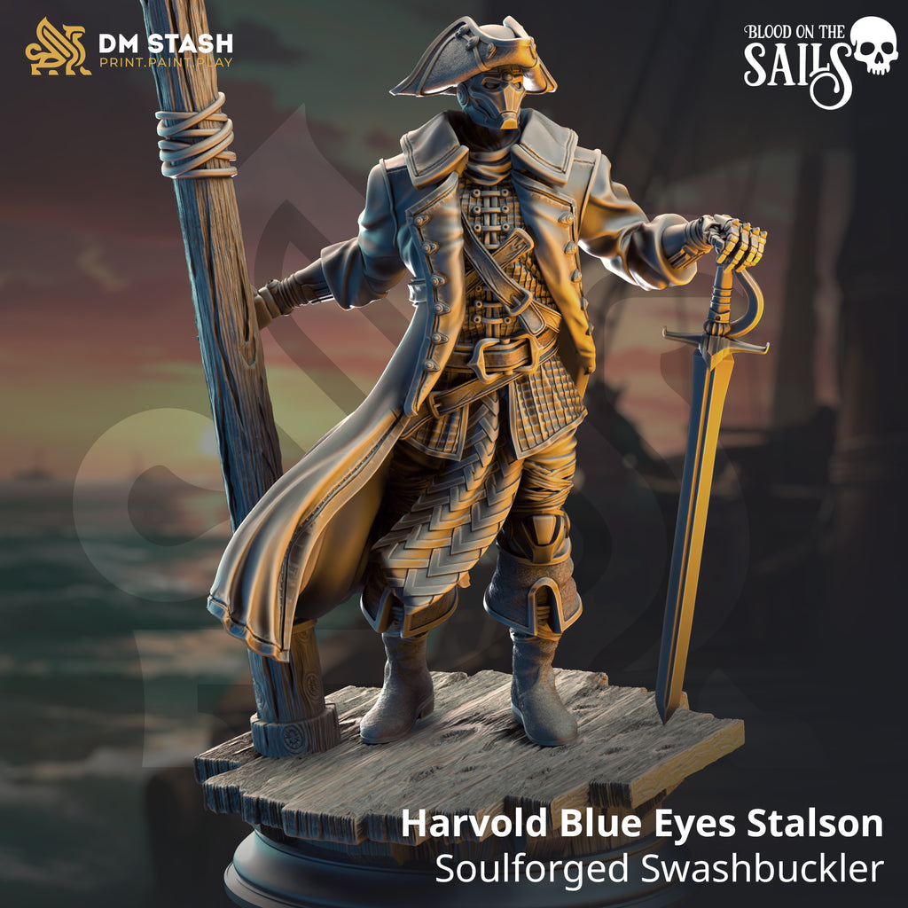 Harvold Blue Eyes Stalson - Soulforged Swashbuckler | DM Stash | Blood on the Sails | Fantasy | DnD | RPG | Tabletop | Gaming | Miniatures | Dukes Executioner | Character Model