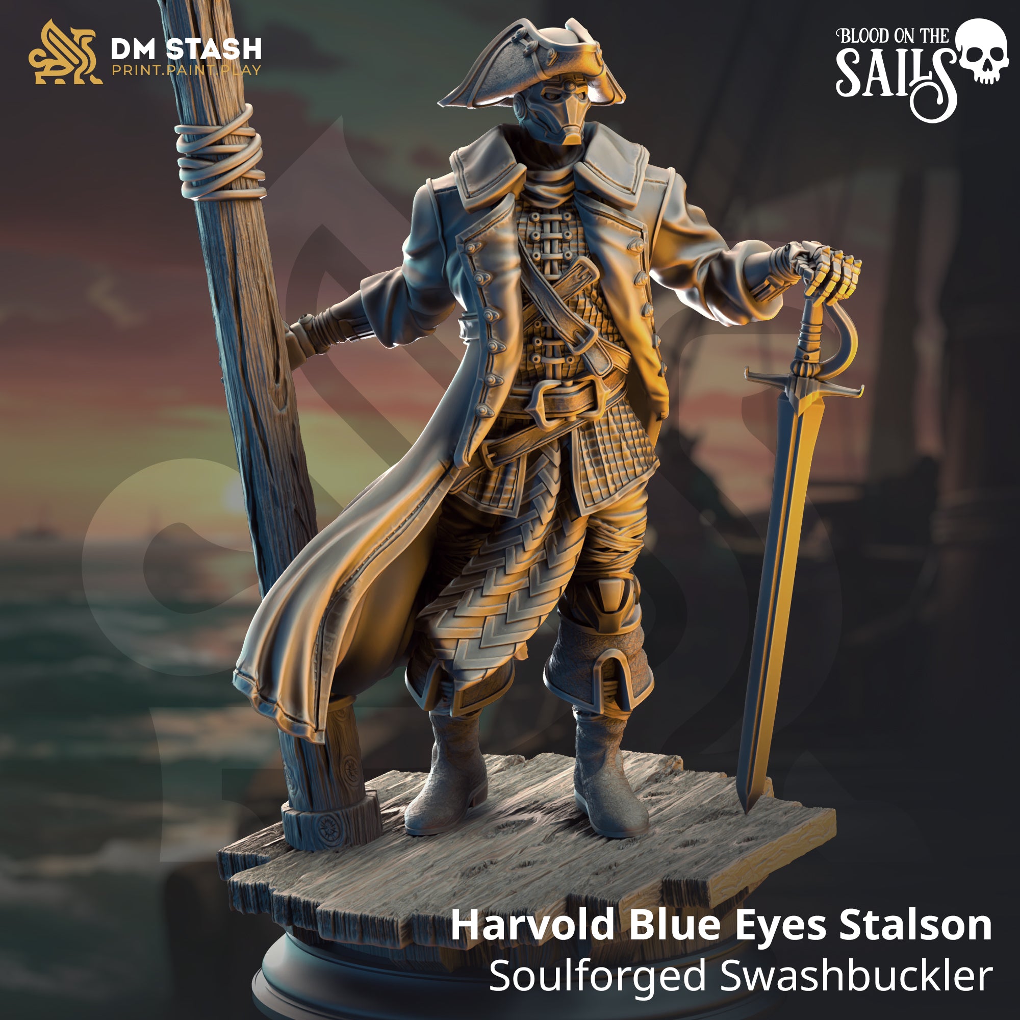Harvold Blue Eyes Stalson - Soulforged Swashbuckler | DM Stash | Blood on the Sails | Fantasy | DnD | RPG | Tabletop | Gaming | Miniatures | Dukes Executioner | Character Model