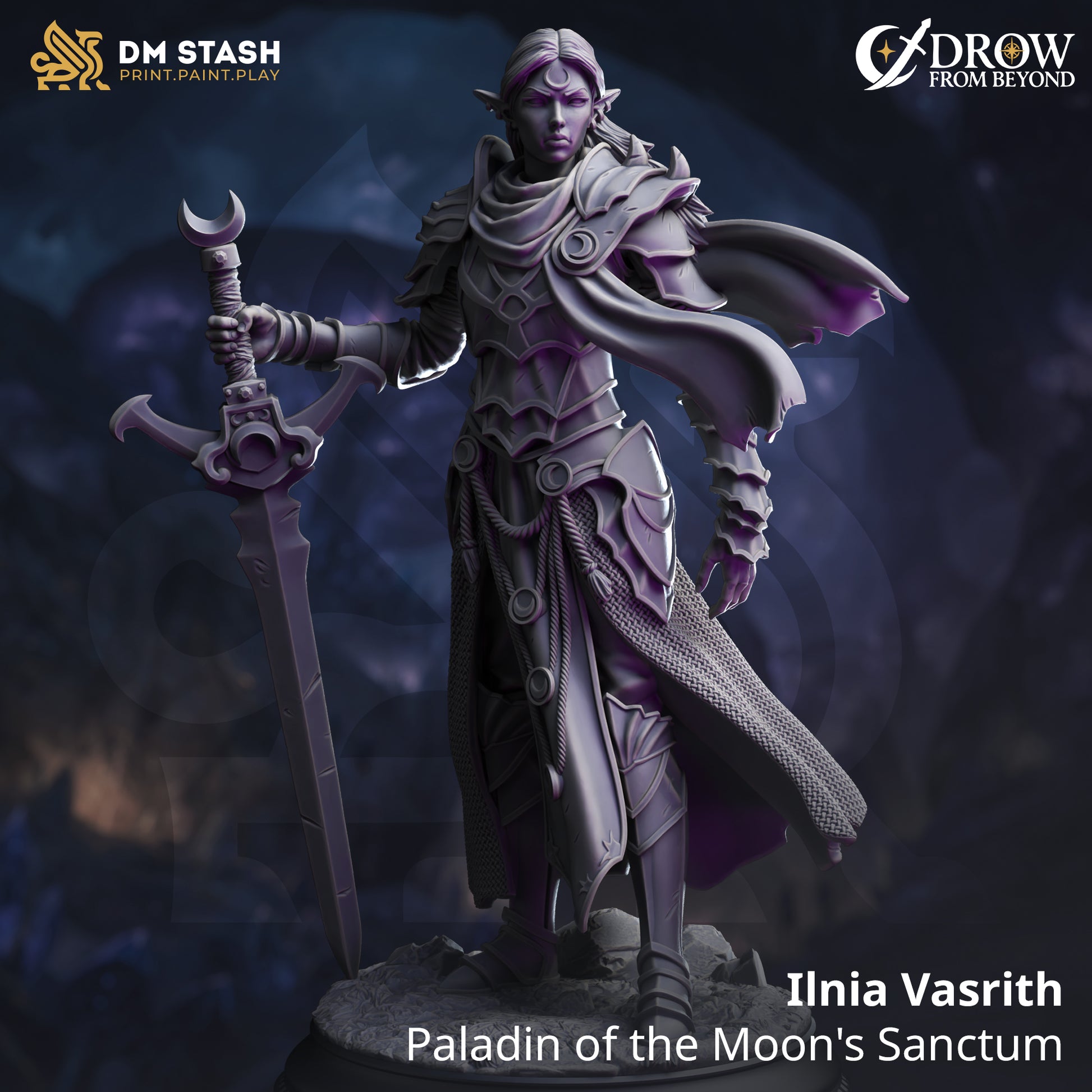 Ilnia Vasrith - Paladin of the Moon's Sanctum | DM Stash | Drow from Beyond | Fantasy | DnD | RPG | Tabletop | Gaming | Miniatures | Character Model