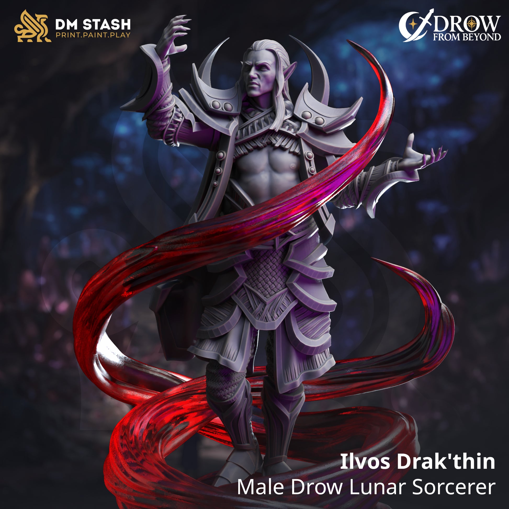 Ilvos Drak'thin - Male Drow Lunar Sorcerer | DM Stash | Drow from Beyond | Fantasy | DnD | RPG | Tabletop | Gaming | Miniatures | Character Model