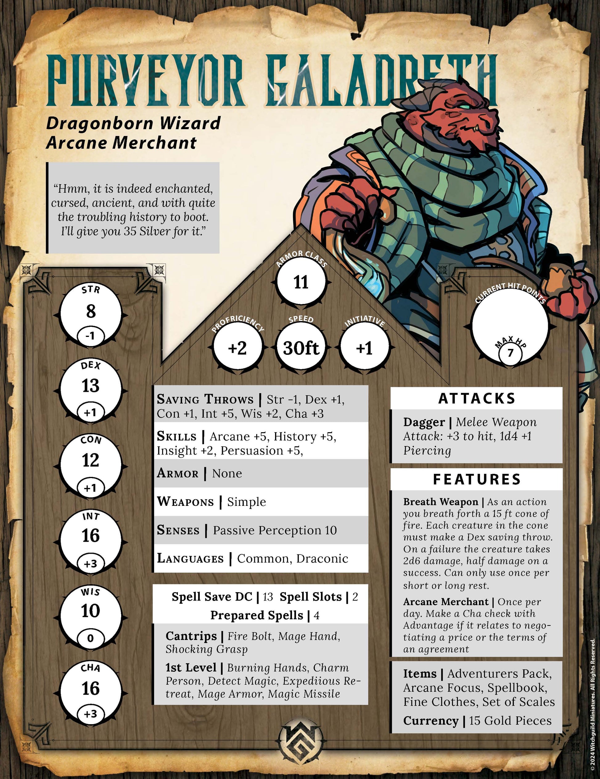 Purveyor Galadreth | The Witch Guild | Dragonborn | RESIN | Fantasy | RPG | Gaming Miniatures | Character Model | Dragonborn Merchant