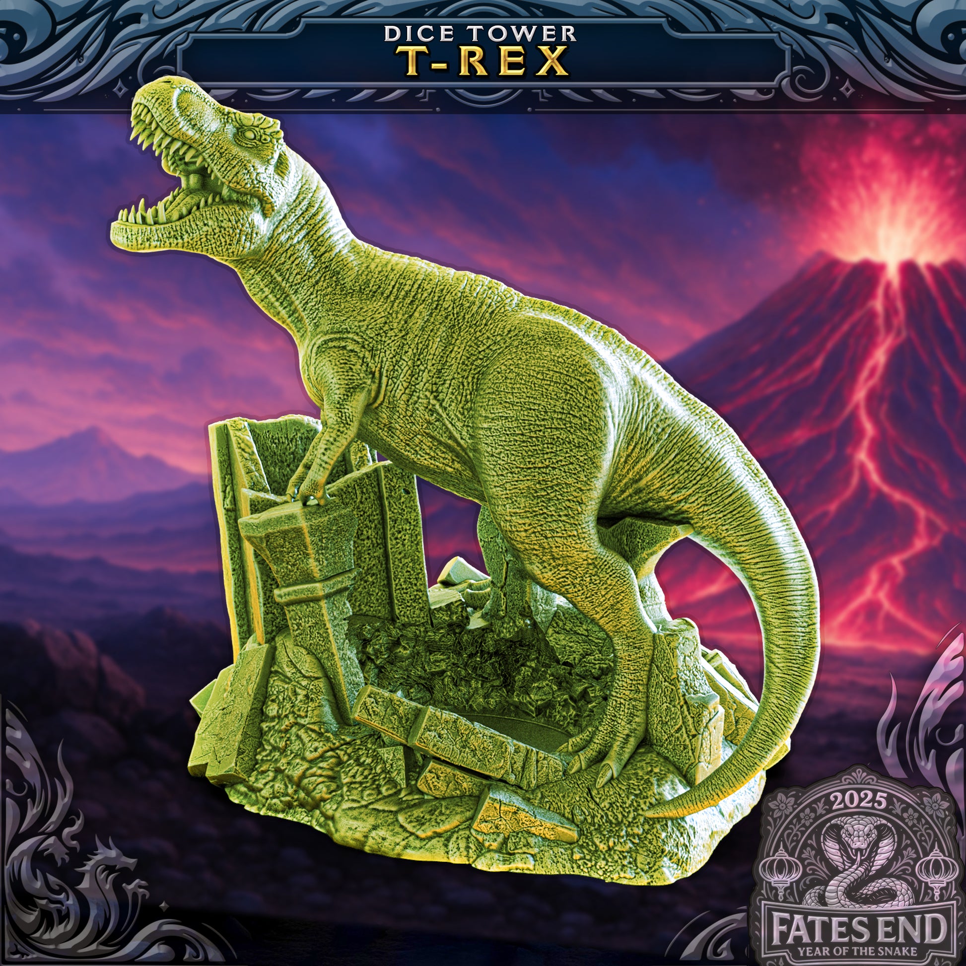 Warrior T-Rex Dice Tower | Fates End | Fantasy Tabletop RPGs | Roleplay Gaming Miniatures | Tyrannosaurus Dice Roller