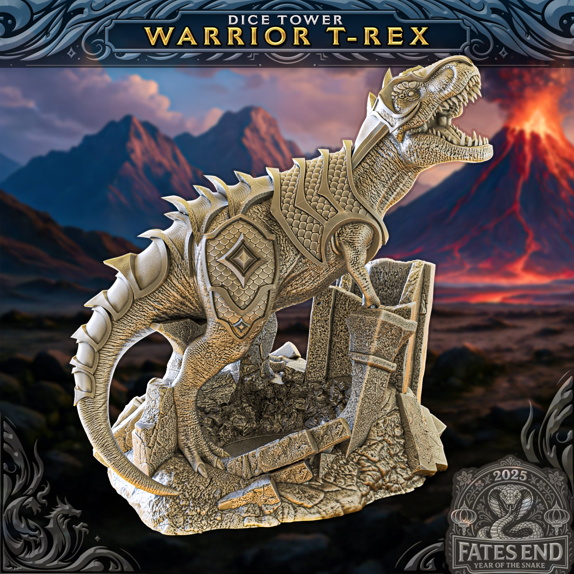 Warrior T-Rex Dice Tower | Fates End | Fantasy Tabletop RPGs | Roleplay Gaming Miniatures | Tyrannosaurus Dice Roller