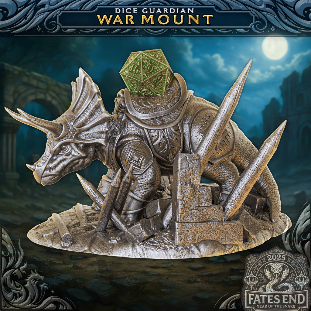 Triceratops War Mount Dice Guardian or Jail | Fates End | 3D Print | Fantasy | Gamer Gift