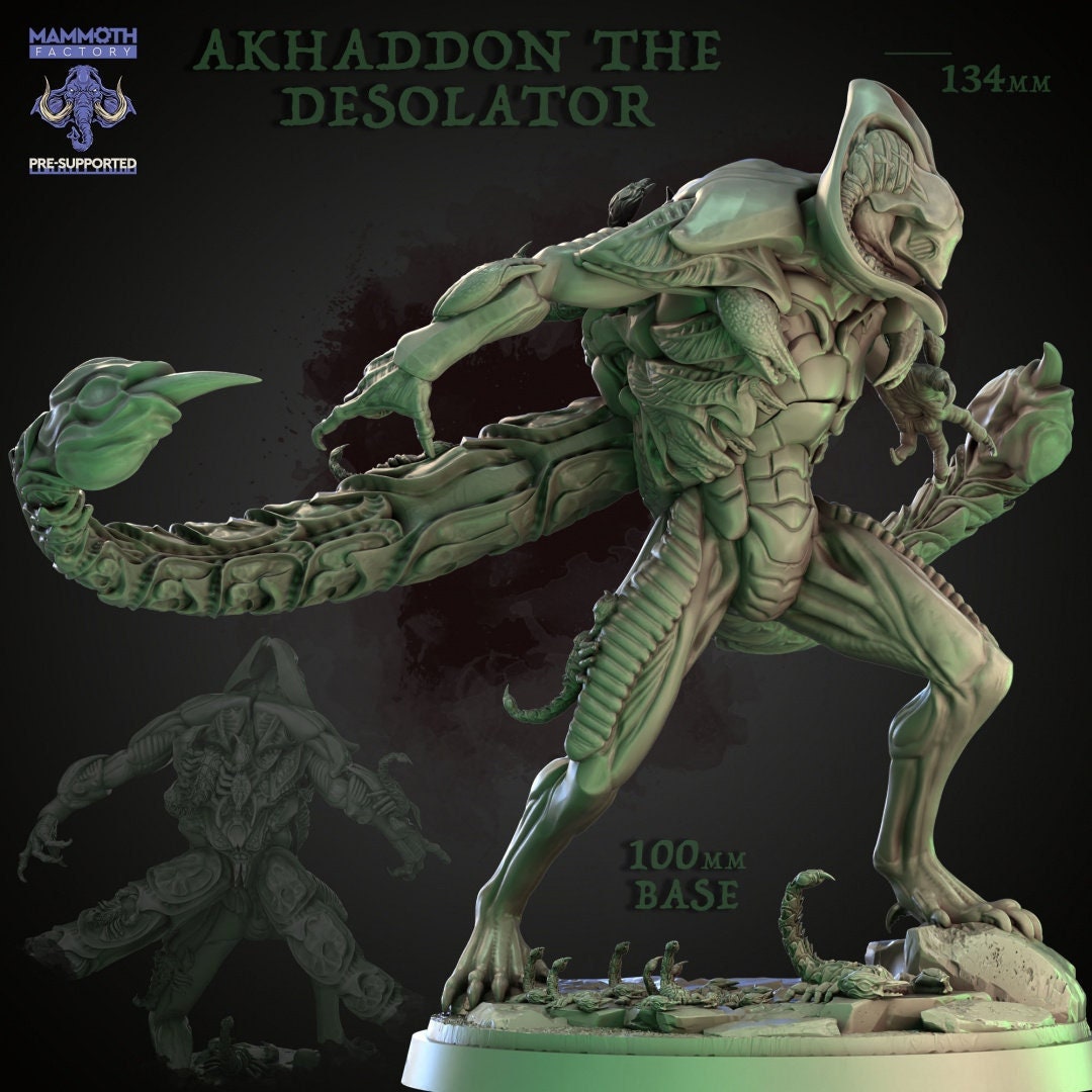 Green alien-like creature statue labeled 'Akhaddon the Desolator' on a dark background