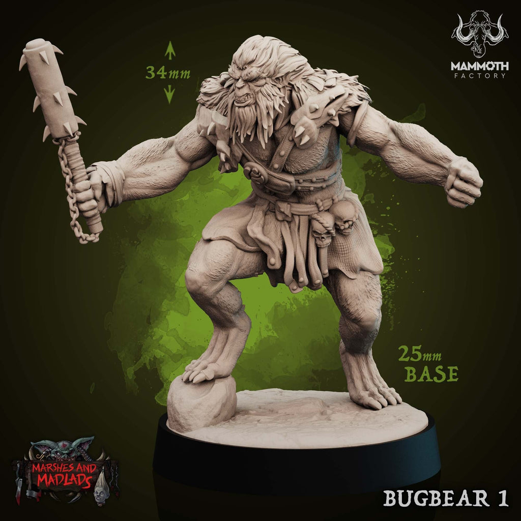 Model of a bugbear with measurements and branding on a dark background