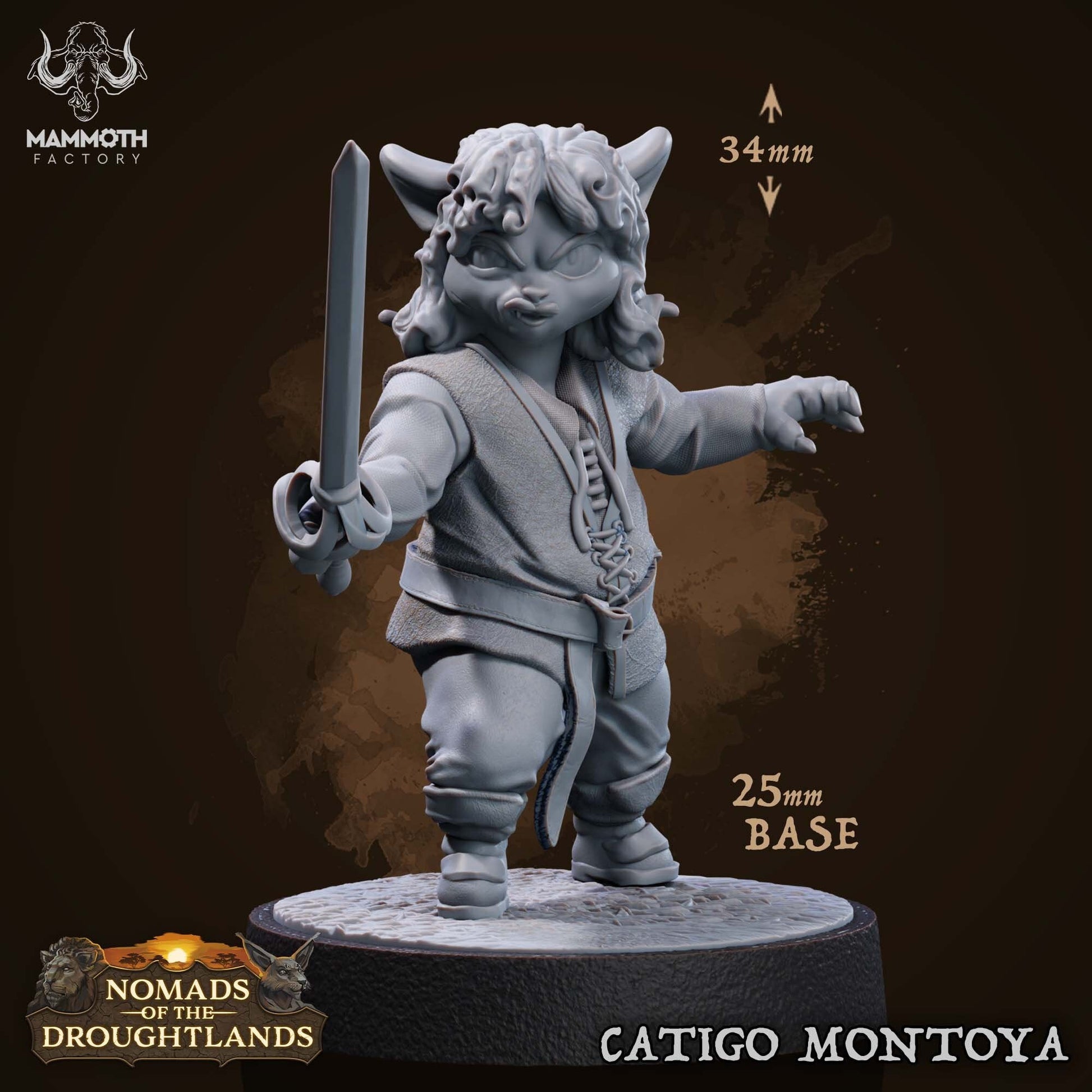 Gray miniature figure of a warrior cat-person with a sword on a dark background, featuring 'Mammoth Factory' branding.