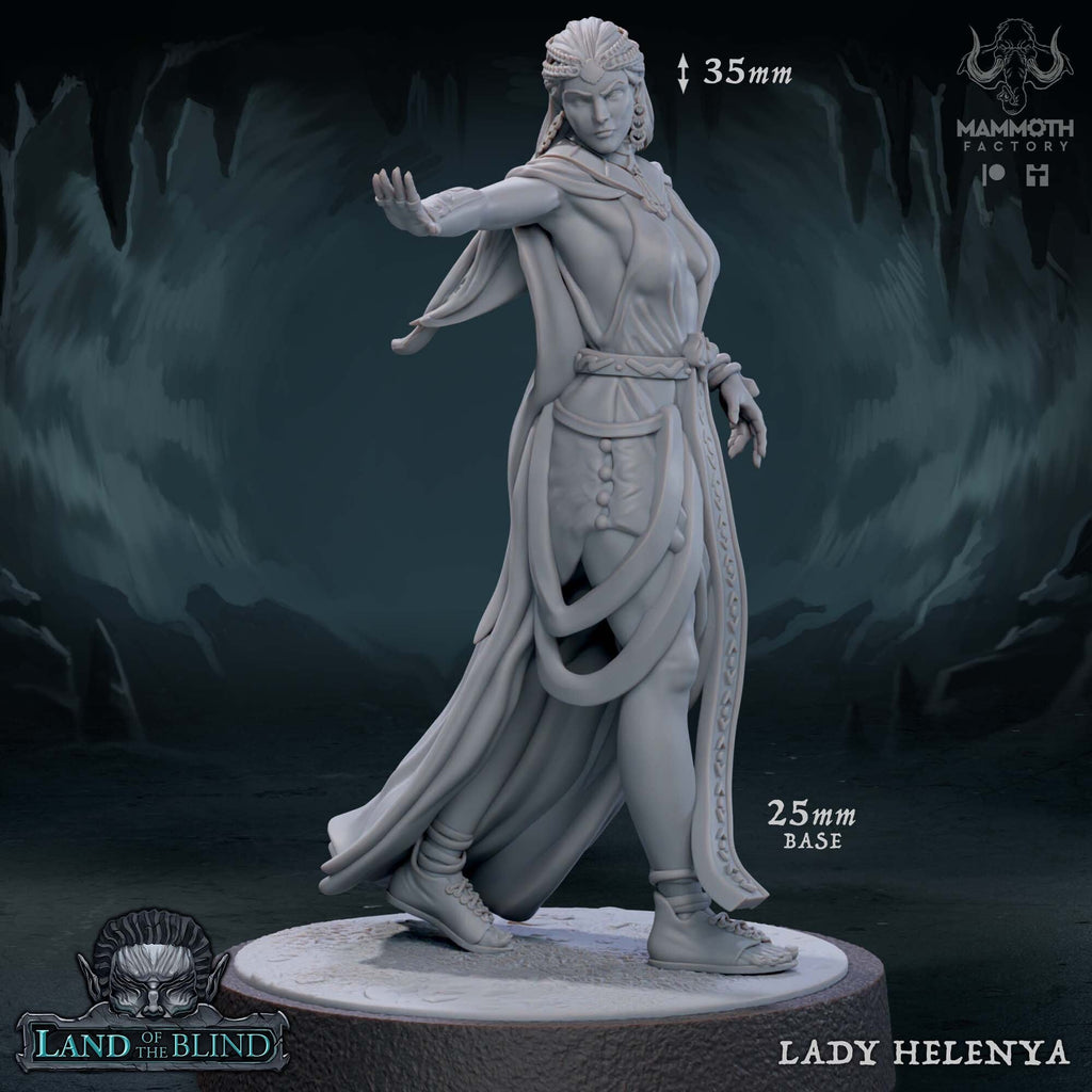 3D-printed figure of Lady Helenya on a dark background with branding visible