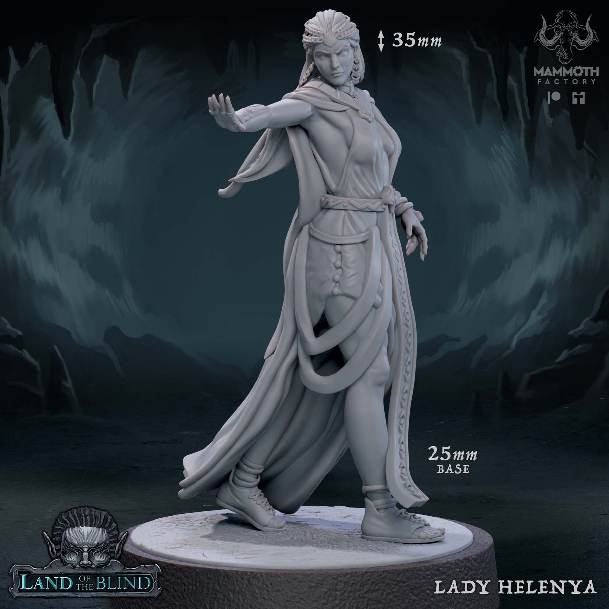 3D-printed figure of Lady Helenya on a dark background with branding visible