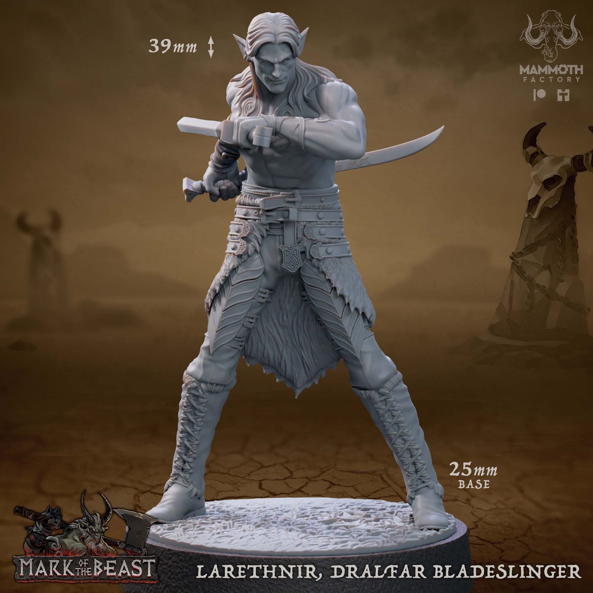 Gray fantasy figure of an elf warrior with two swords on a brown background