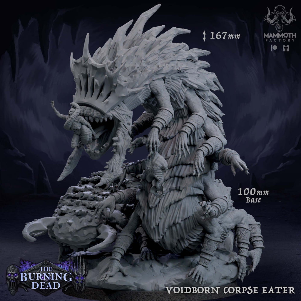 Voidborn Corpse Eater figurine from The Burning Dead with measurements and branding.