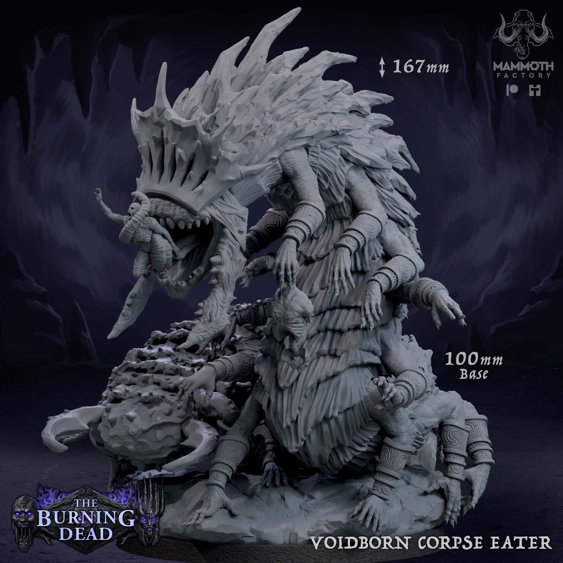 Voidborn Corpse Eater figurine from The Burning Dead with measurements and branding.