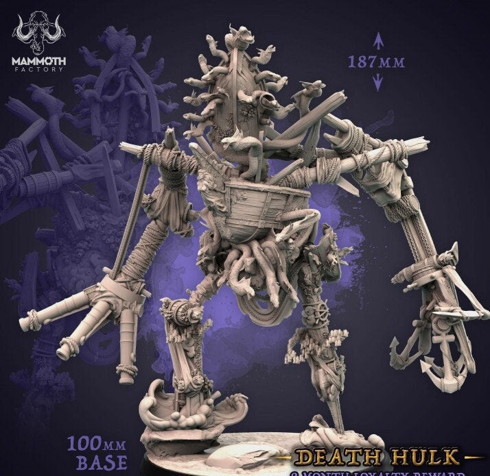 Detailed model of a 'Death Hulk' with measurements on a dark background, featuring the Mammoth Factory branding.