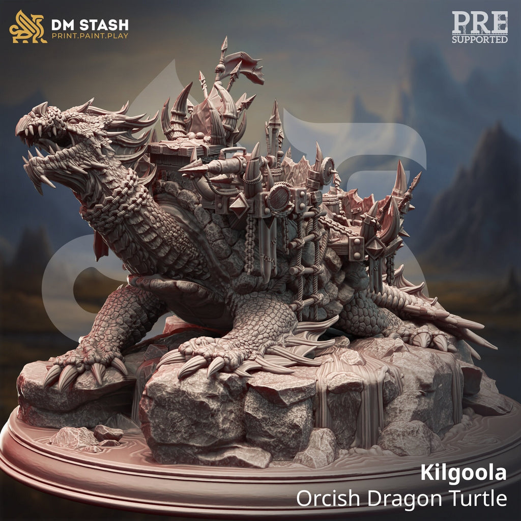 Orcish Dragon Turtle figurine on a rocky base with 'DM Stash' branding.