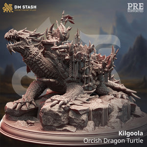 Orcish Dragon Turtle figurine on a rocky base with 'DM Stash' branding.