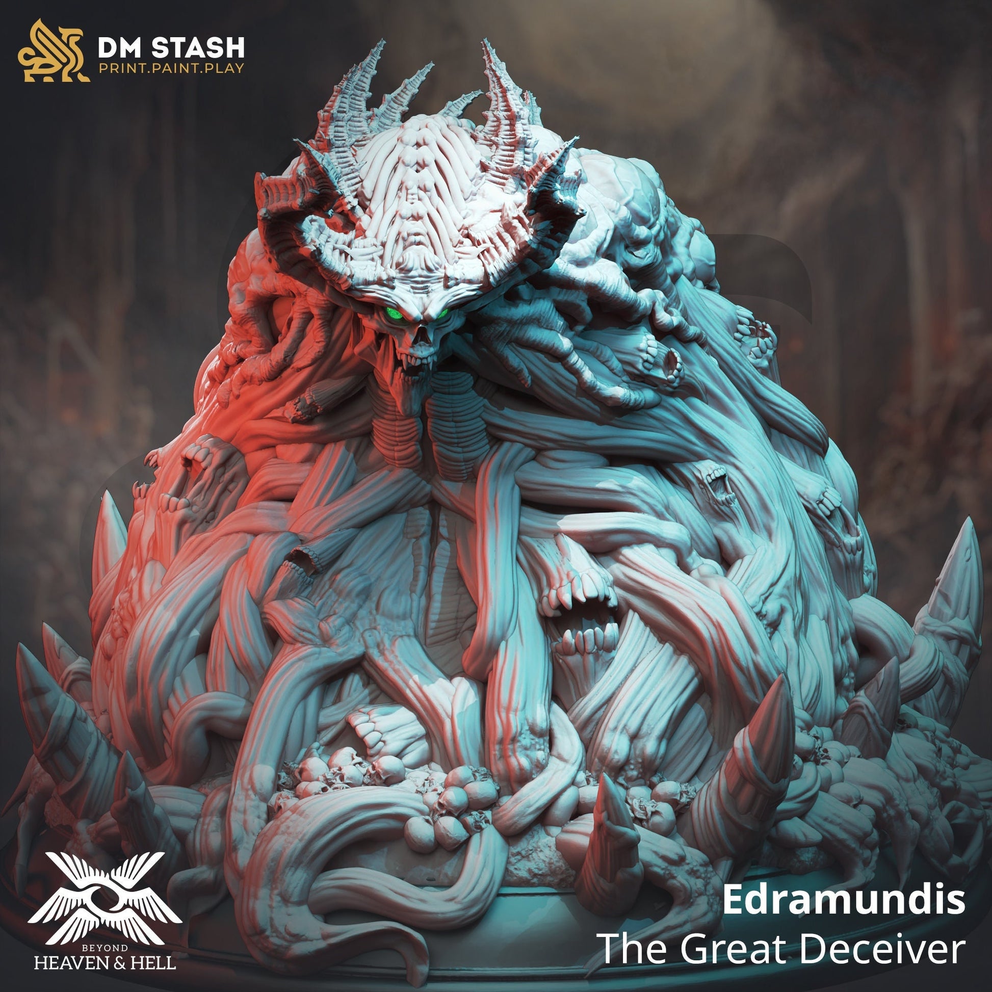 Detailed fantasy sculpture of a creature, labeled 'Edramundis The Great Deceiver' by DM Stash.