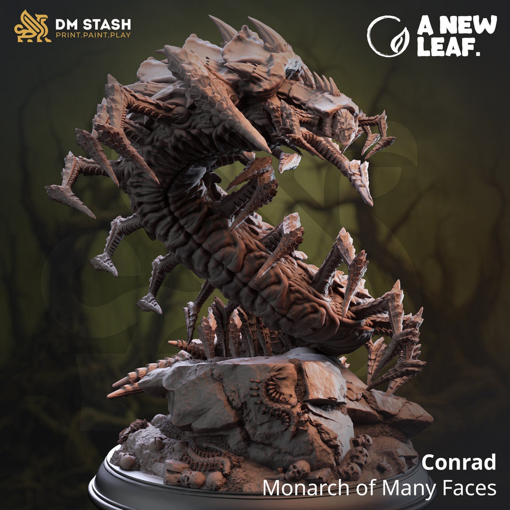 Conrad, a giant insect-like creature with ahuman face, the miniature stands on a dark background with 'DM Stash' and 'A New Leaf' branding.