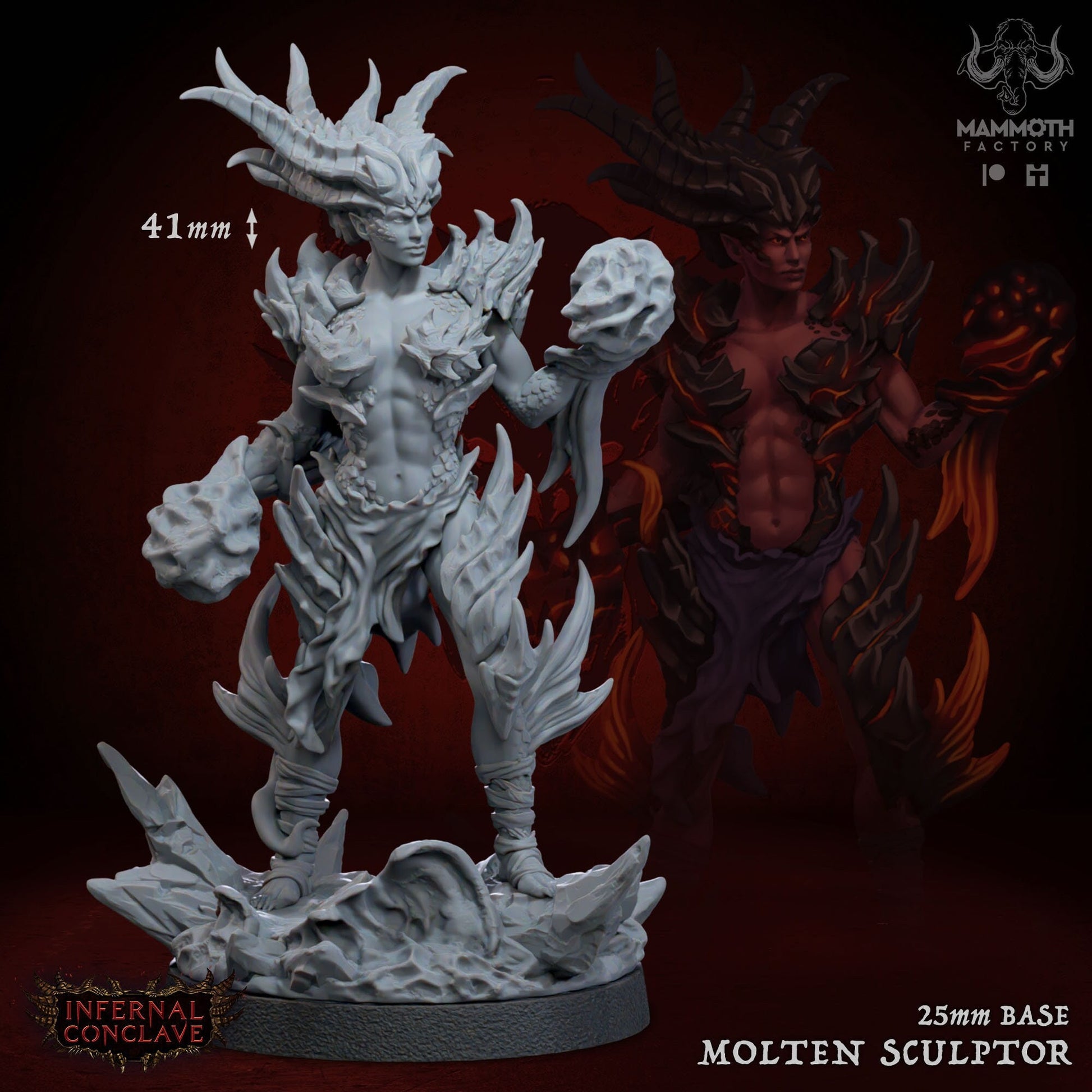 Fantasy miniature with detailed armor and helmet on a dark background, featuring 'Molten Sculptor' branding.