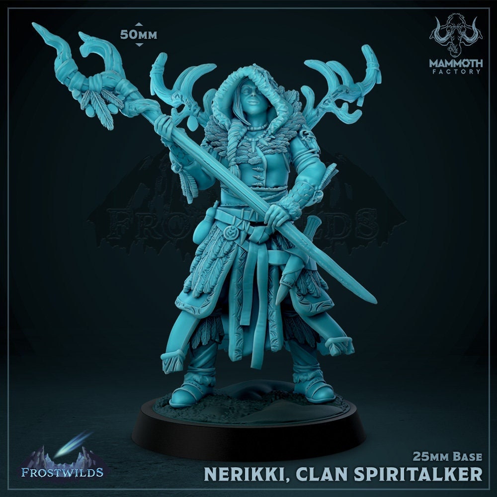 Tabletop mini of a character named Nerikki, Clan Spiritualker, with a large staff on a dark background.