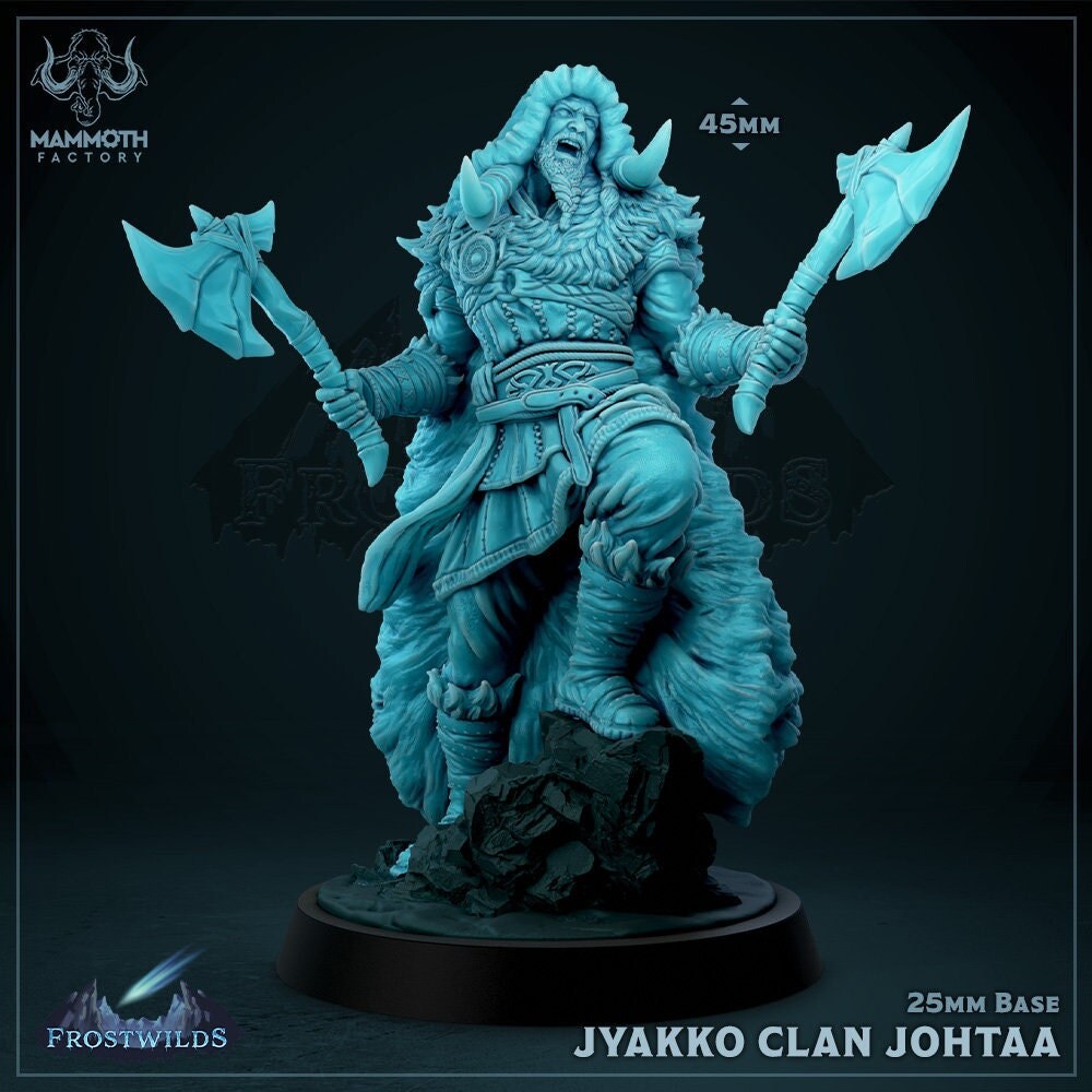 Tabletop miniature with weapons on a dark background, labeled 'Jyakkko Clan Johtaa'.