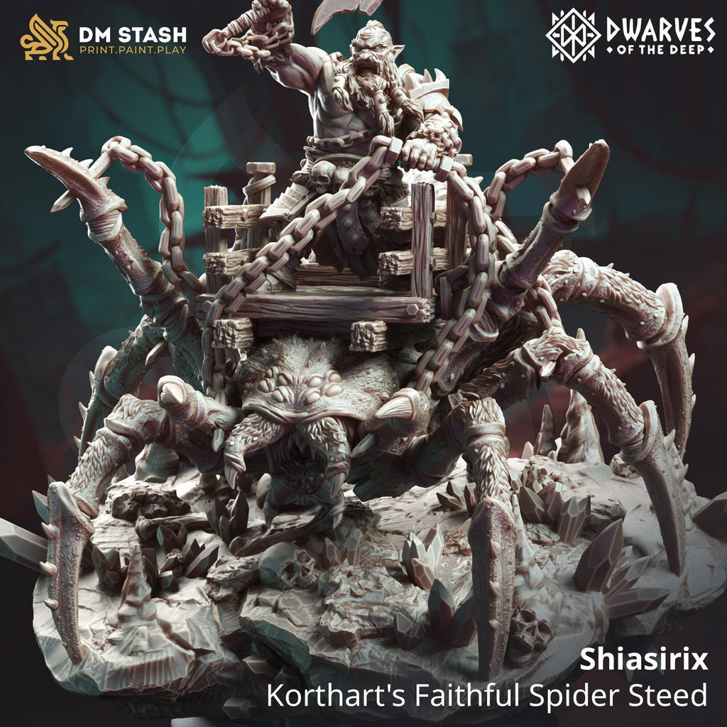 A deep dwarf riding a giant spider on a dark background, featuring 'DM Stash' and 'Dwarves of the Deep' logos.