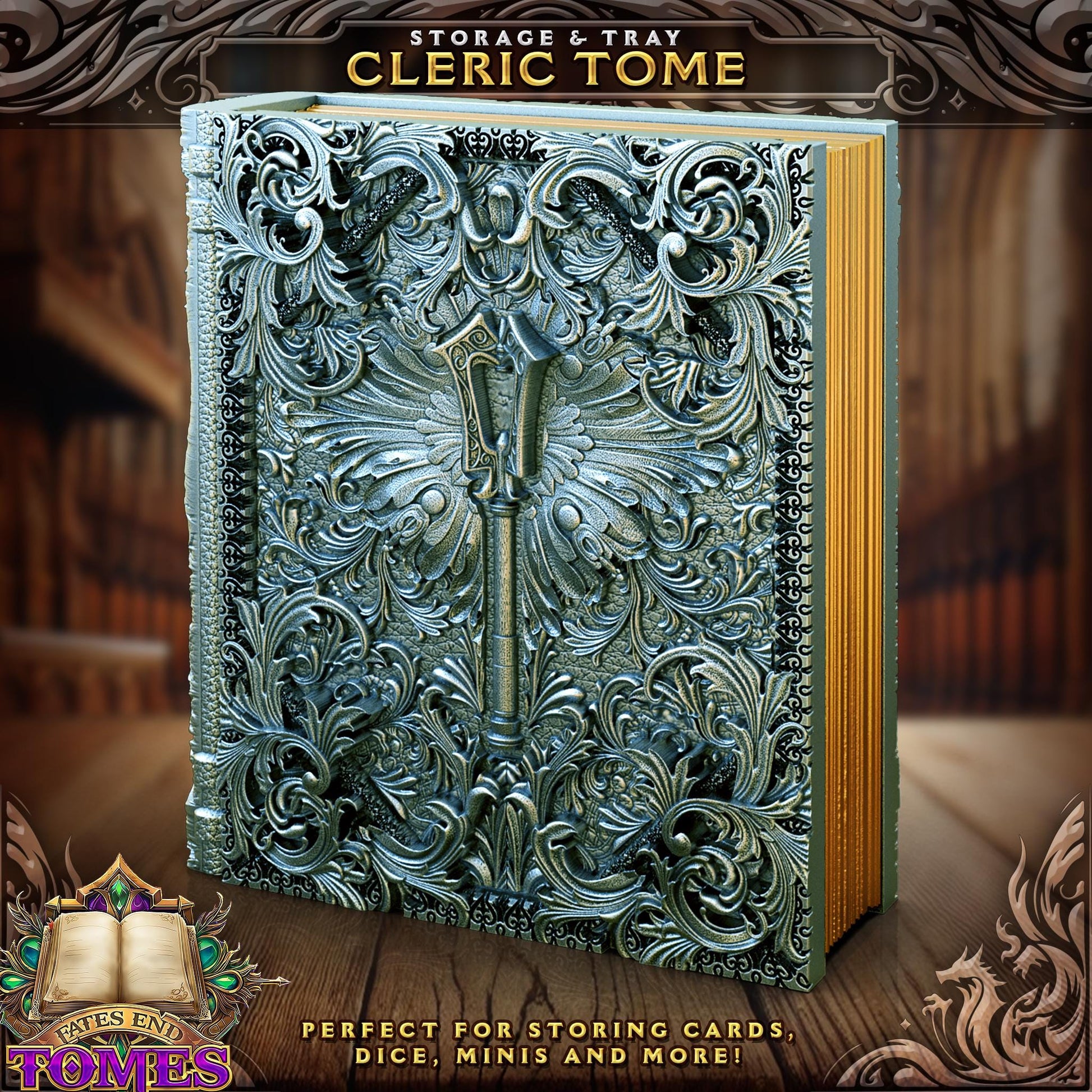 Cleric Tome - Perfect for cards, dice, and minis | Fates End | Fantasy | DnD | RPG | Roleplay Gaming | MTG Magic Card Box | Gamer Gift