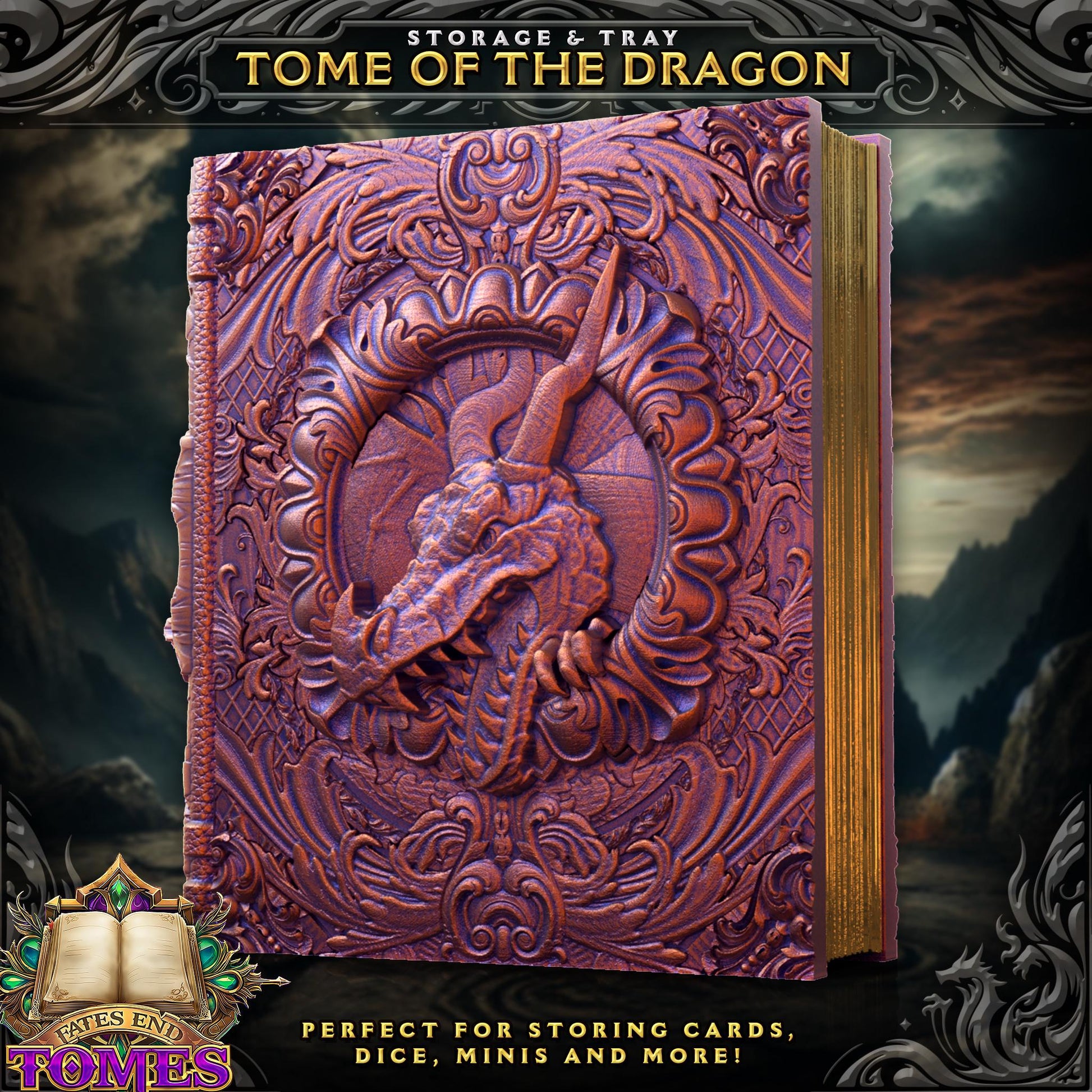 Dragon Tome - Perfect for cards, dice, and minis | Fates End | Fantasy | DnD | RPG | Roleplay Gaming | MTG Magic Card Box | Gamer Gift
