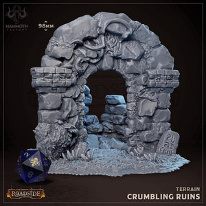 Stone archway with crumbling ruins and a blue dice on a dark background, featuring 'Mammoth Factory' and 'Roadside' branding.