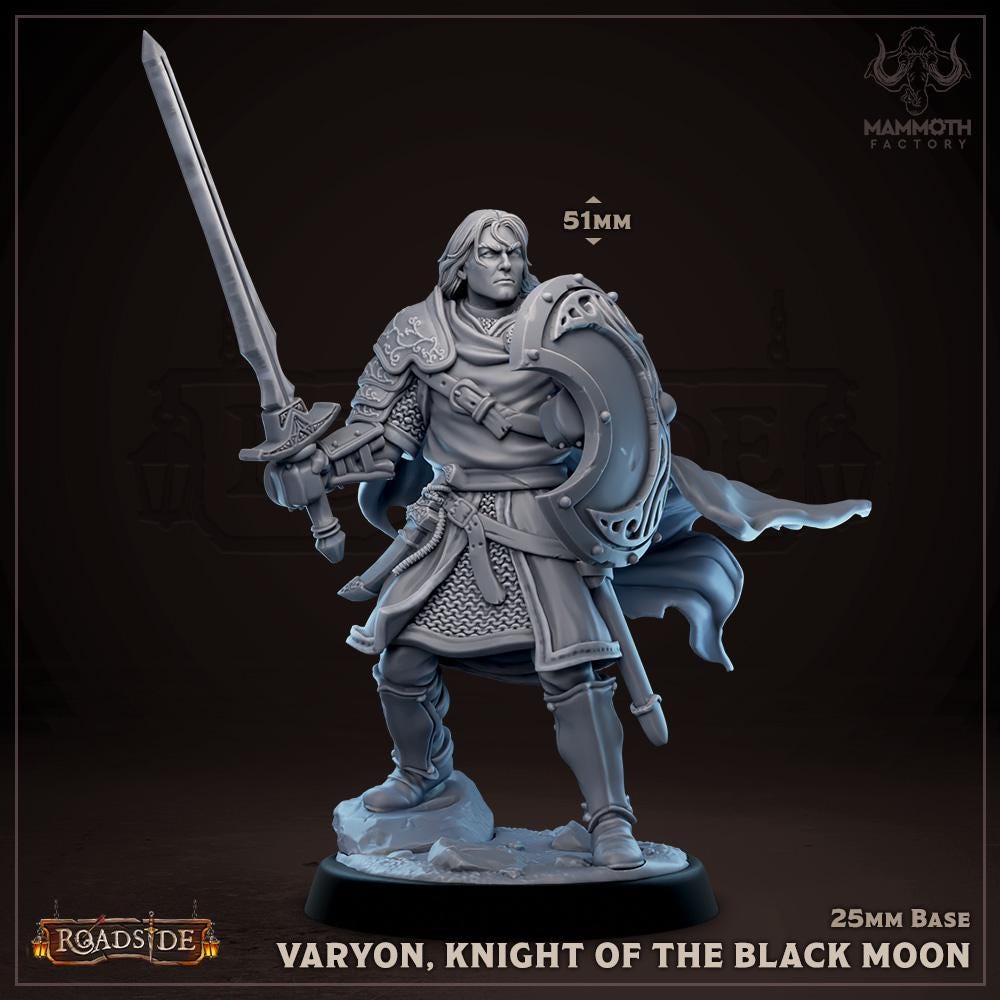 Miniature figurine of a knight named Varyon, Knight of the Black Moon, holding a sword and shield on a dark background.