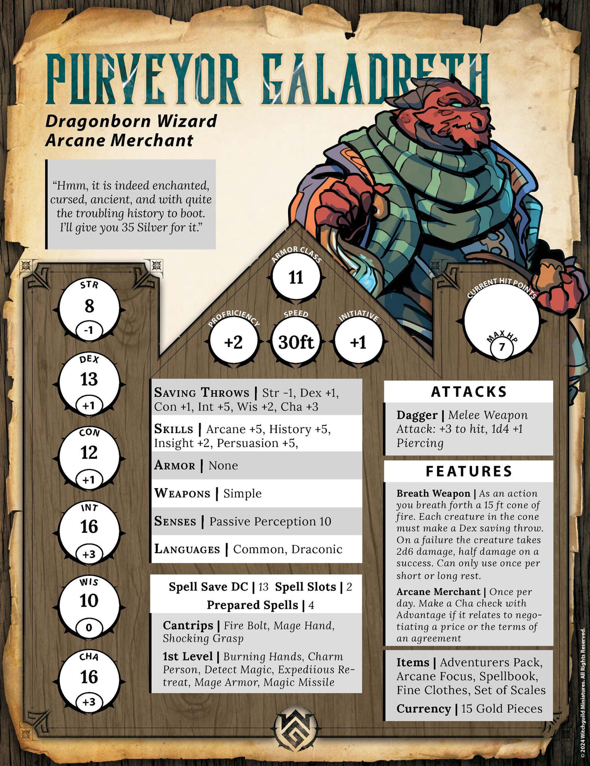 Purveyor Galadreth | The Witch Guild | Dragonborn | Fantasy | RPG | Gaming Miniatures | Character Model | Dragonborn Merchant