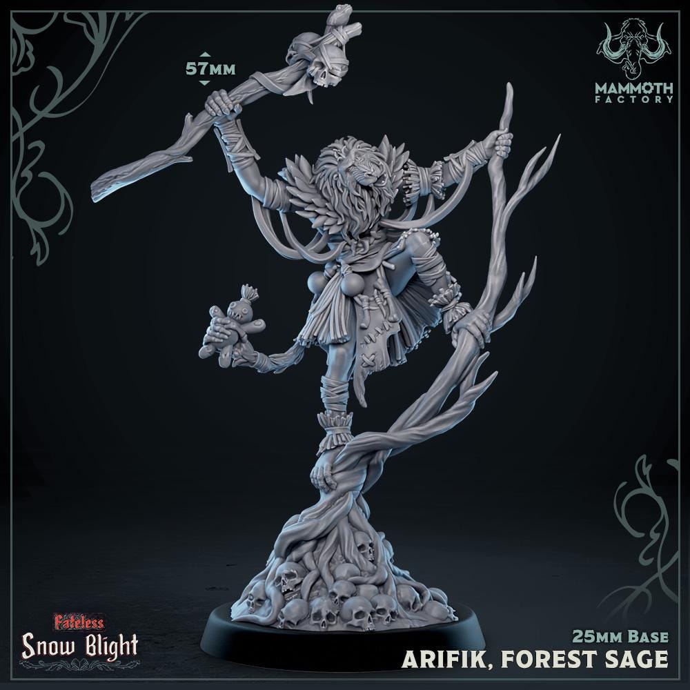 Miniature figure of a forest sage named Arifik from Mammoth Factory on a dark background