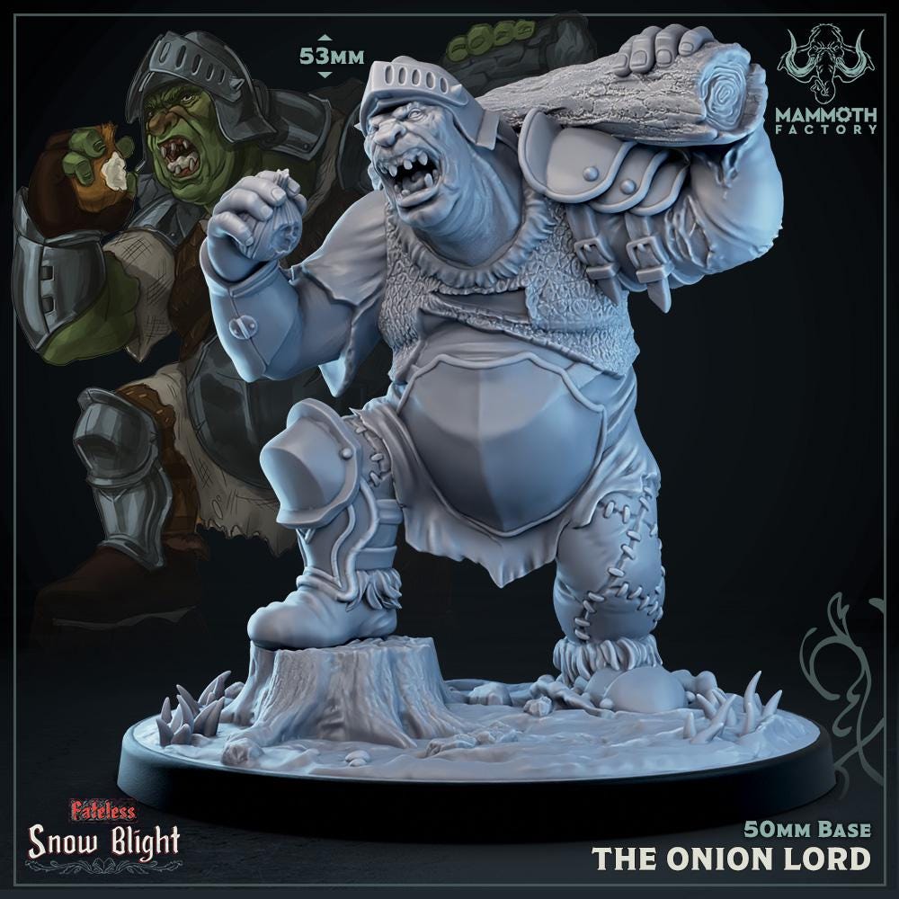 Game miniature of 'The Onion Lord' from Mammoth Factory on a dark background