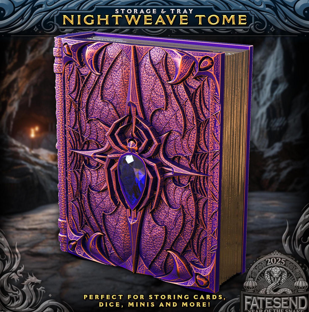 Nightweave Tome - Card Dice Mini Storage | Fates End | DnD | RPG | Roleplay Gaming | MTG Magic Card Box | Gamer Gift | Jeweled Spider