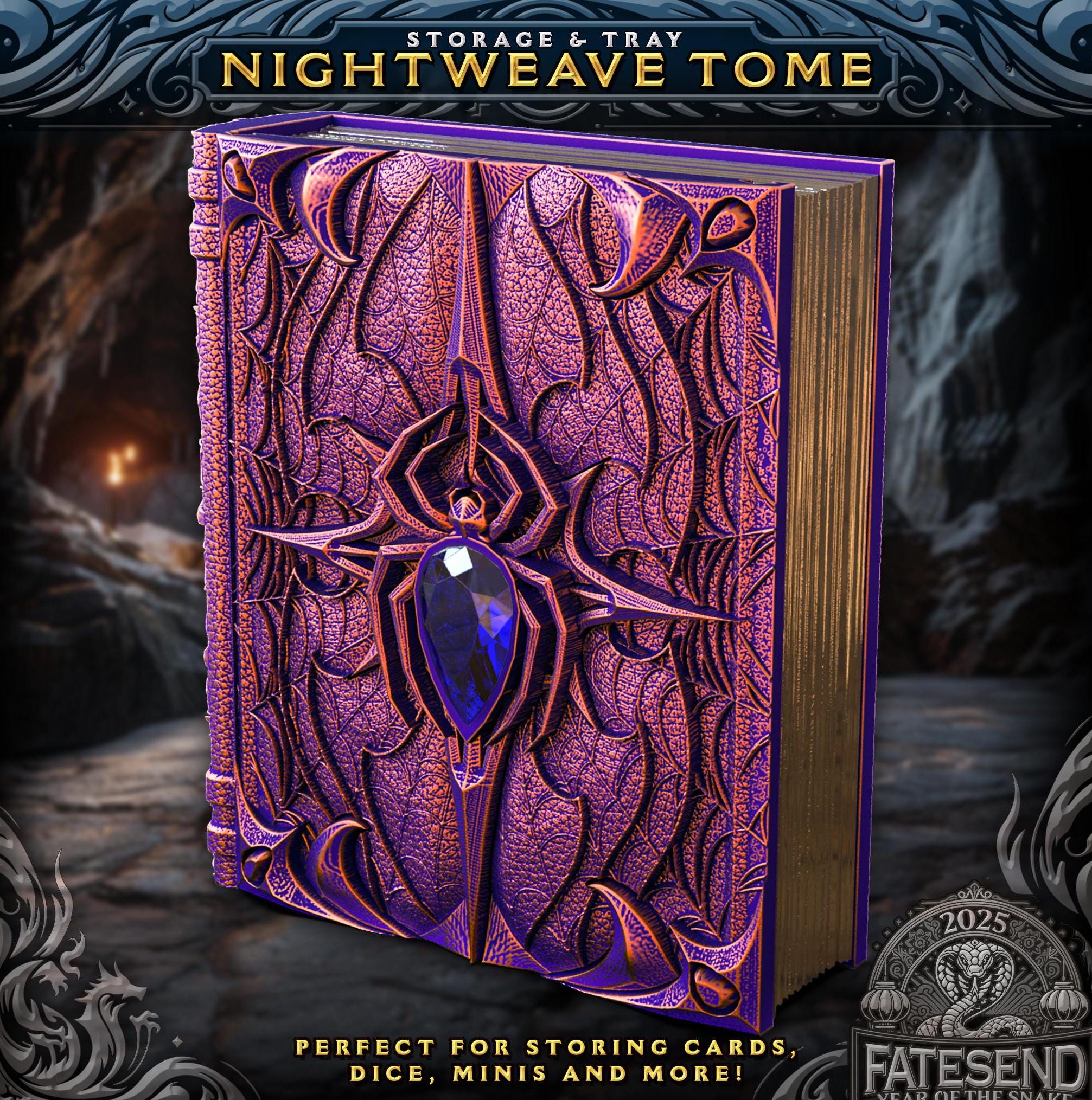 Nightweave Tome - Card Dice Mini Storage | Fates End | DnD | RPG | Roleplay Gaming | MTG Magic Card Box | Gamer Gift | Jeweled Spider