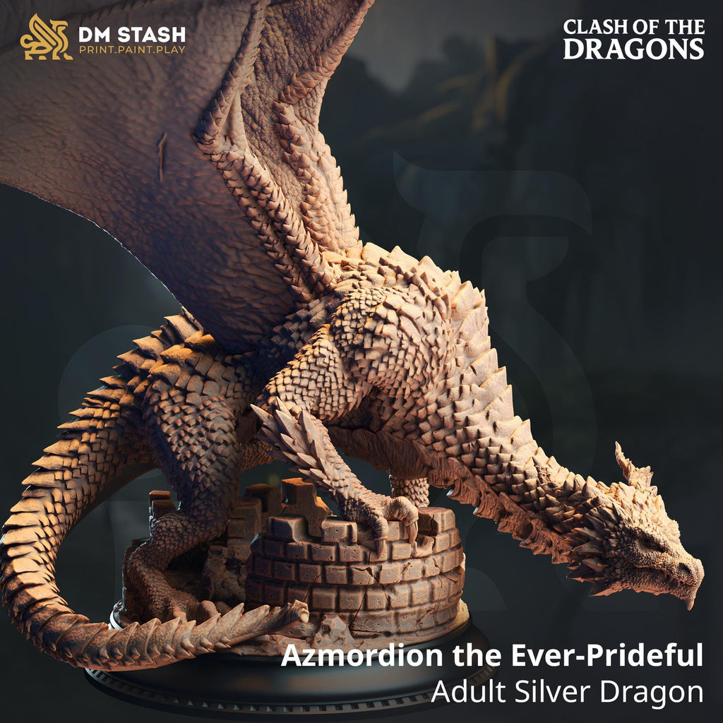 Azmordion the Ever-Prideful - Adult Silver Dragon| DM Stash | Clash of Dragons | RESIN | Fantasy | DnD | RPG | Tabletop | Gaming | Miniature
