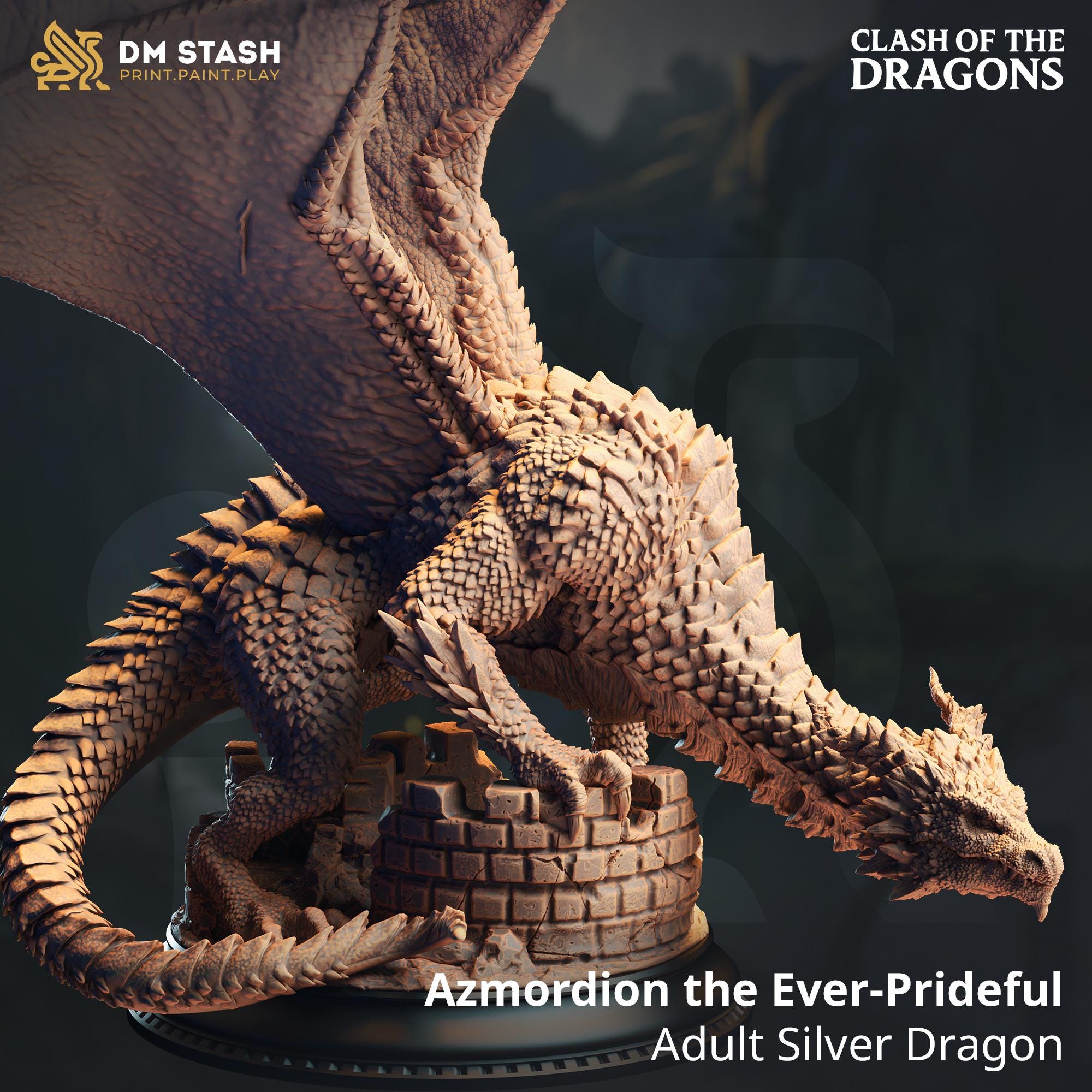 Azmordion the Ever-Prideful - Adult Silver Dragon| DM Stash | Clash of Dragons | RESIN | Fantasy | DnD | RPG | Tabletop | Gaming | Miniature