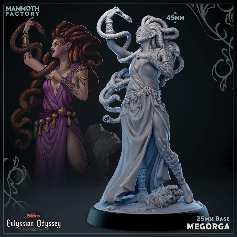 Tabletop miniature with snakes and a purple dress on a dark background, featuring 'Mammoth Factory' branding.