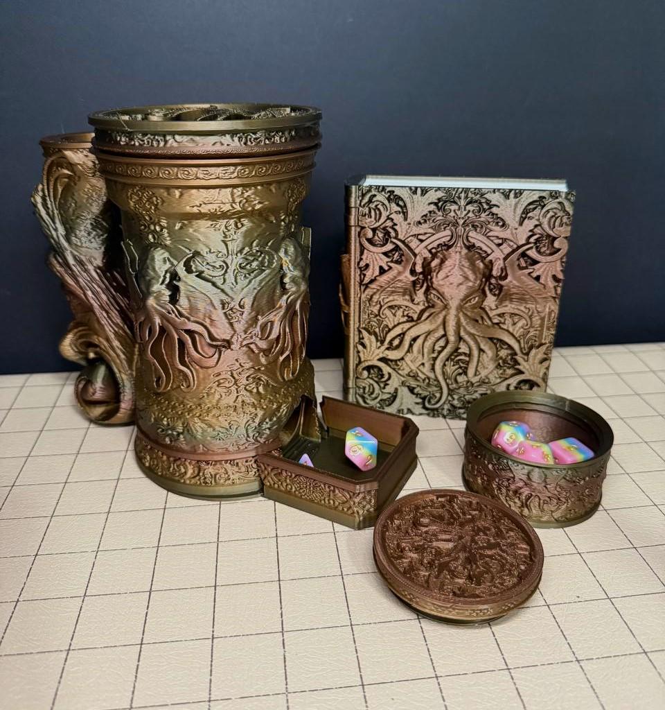 Multi Colored Lovecraftian Tankard - Can Holder Dice Tower, Dice Vault and Tome | Fates End | Roleplay Games | Gamer Gift | Mug