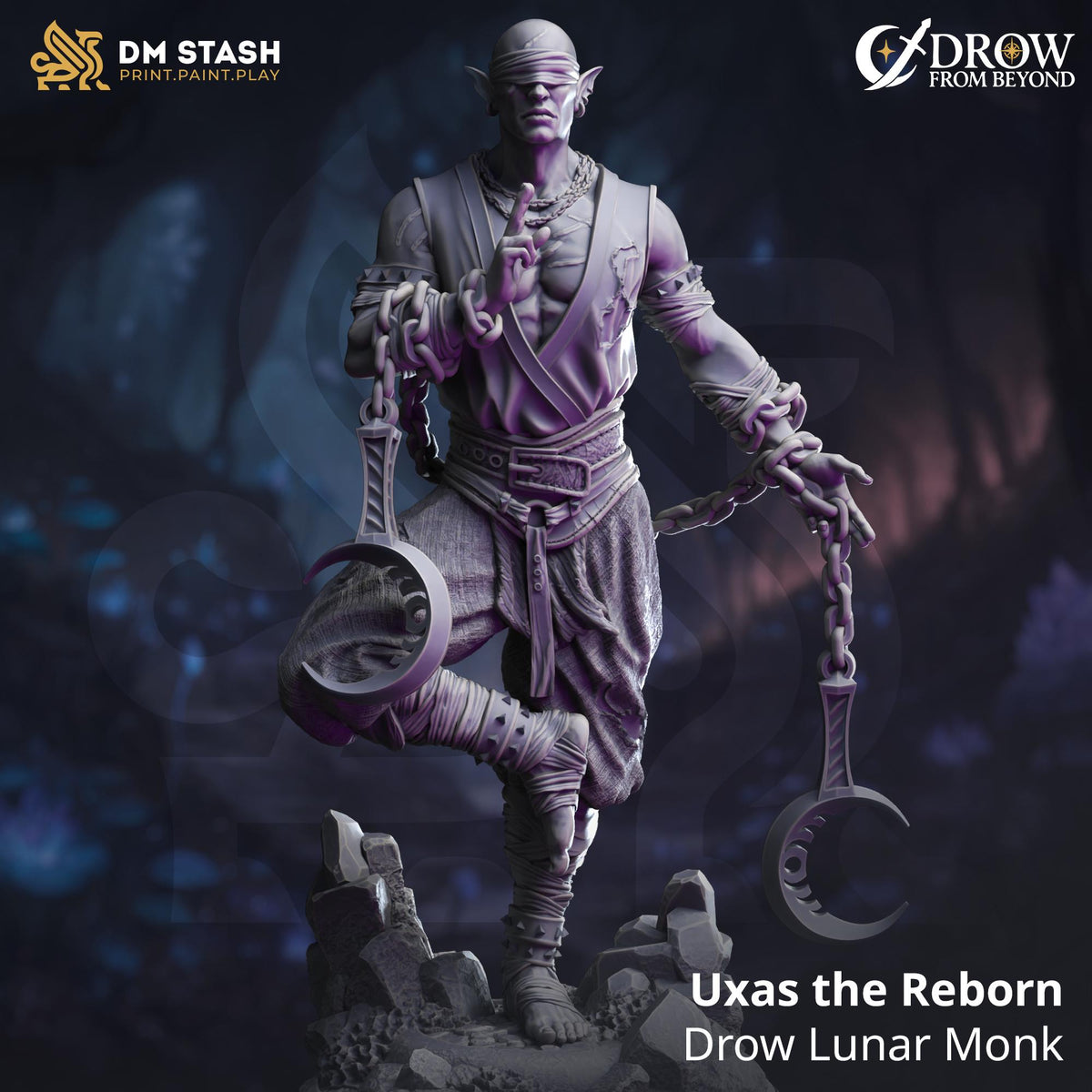 Uxas the Reborn - Drow Lunar Monk | DM Stash | Drow from Beyond | Fantasy | DnD | RPG | Tabletop | Miniature | Character